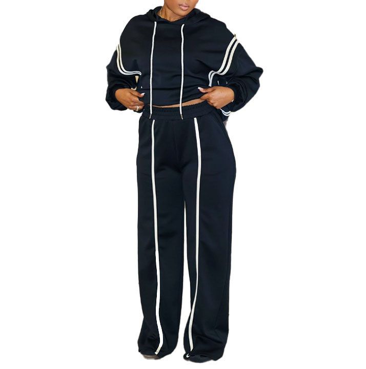 Damenbekleidung Zweiteiliges Set mit Kapuzenpullover mit Bandnähten_voghion.com