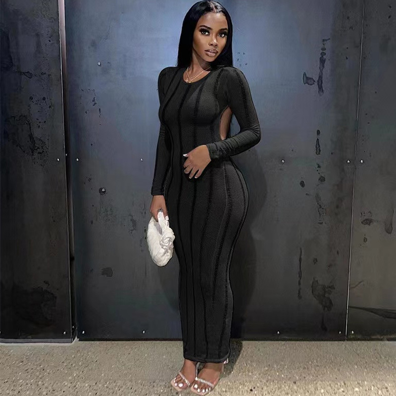 Modisches, einfarbiges, langärmliges Kleid aus Wolle mit ausgehöhltem Rücken für Damen_voghion.com