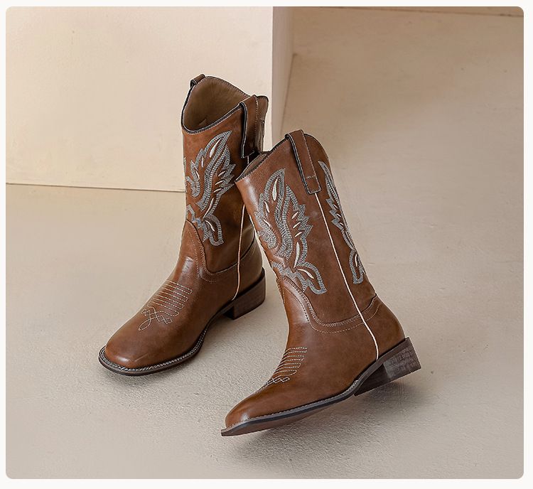2024 Summer Western Cowboy Martin Fat mm Wide Long Sleeve Embroidery Large Size 41-43 Women's Knee High Boots_voghion.com