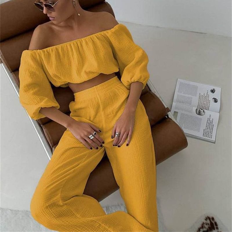 Damen-Knitterstoff aus reiner Baumwolle, einfarbig, kurzärmliges Oberteil mit Kragen, Hose mit hoher Taille und weitem Bein, lässiger Anzug_voghion.com