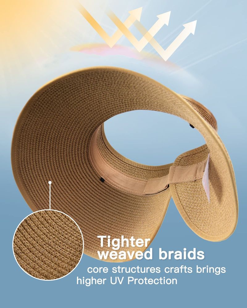FURTALK Women's Sunshade Wide Edge UV Protection Hat Straw Rolled Up Summer Beach Foldable UPF Hat_voghion.com