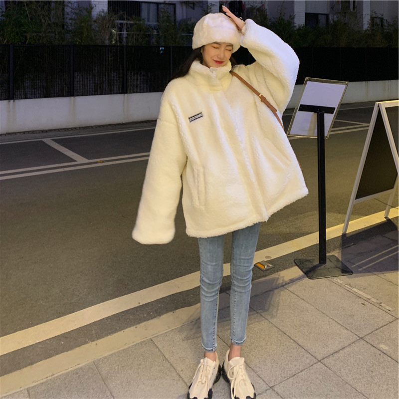 Veste chaude en laine d'agneau et coton rembourré à col vertical, sweat-shirt épais de style coréen pour femme, automne 2023_voghion.com