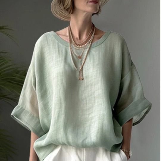 Abbigliamento da donna Camicia taglie forti da donna dimagrante comoda tinta unita con scollo tondo in cotone e lino con spalle larghe_voghion.com