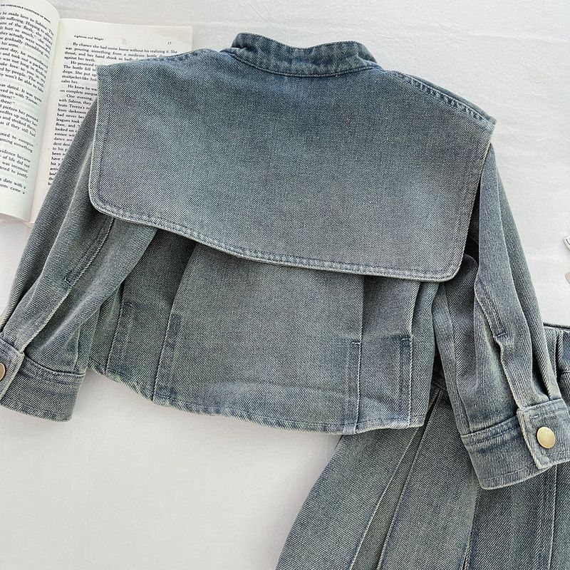 Gonna in denim autunnale per bambine 2025, giacca in stile straniero per bambine, gonna a pieghe in denim per bambini, set da due pezzi_voghion.com