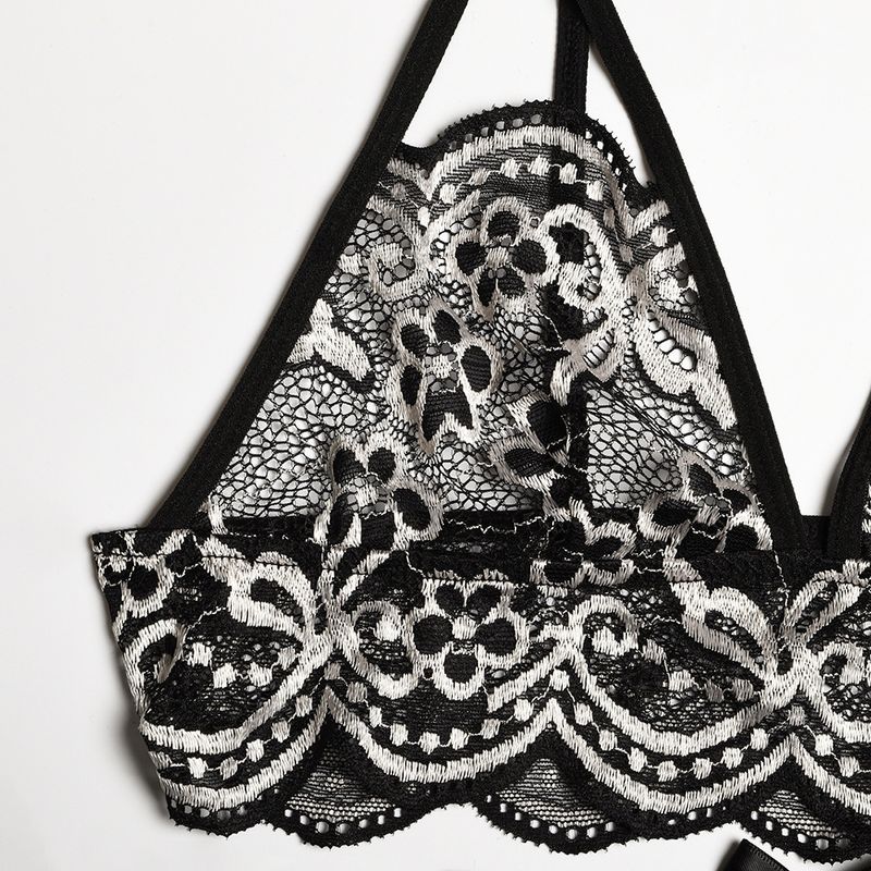 Women's Intimates New Bow Deep V Jacquard Two Piece Sexy Lingerie_voghion.com
