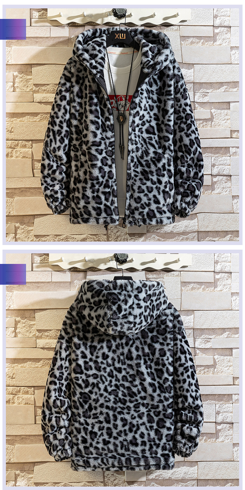 Women's loose short plush leopard print jacket cotton-padded couple hooded coat_voghion.com