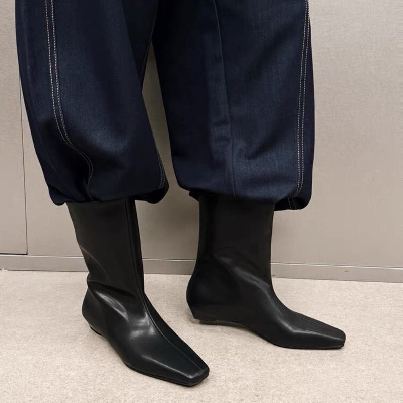 Korean Style Square Toe Flat Mid-Calf Short Versatile Fashion Single Wide Tube Slim Riding Boots Women_voghion.com