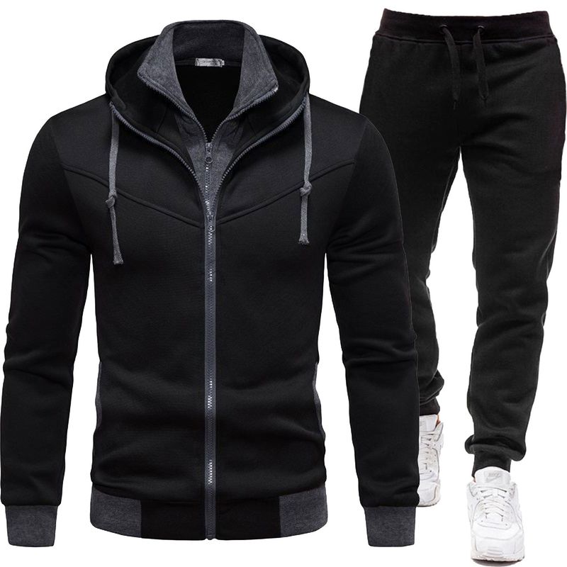 2024 new autumn and winter patchwork jacket, casual long sleeved pants, hooded sports men's set, two-piece set_voghion.com