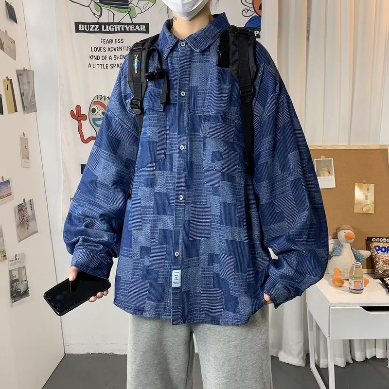 Forår og efterår Duftende polohals denimskjorte til mænd i Hong Kong-stil, amerikansk stor størrelse, fugleternjakke, frakke_voghion.com