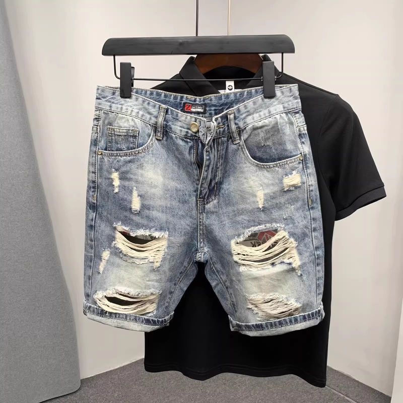Ripped Denim For Men Summer Thin Stretch Large Size Slim Straight Youth Five-Point Mid-Length Casual Shorts_voghion.com