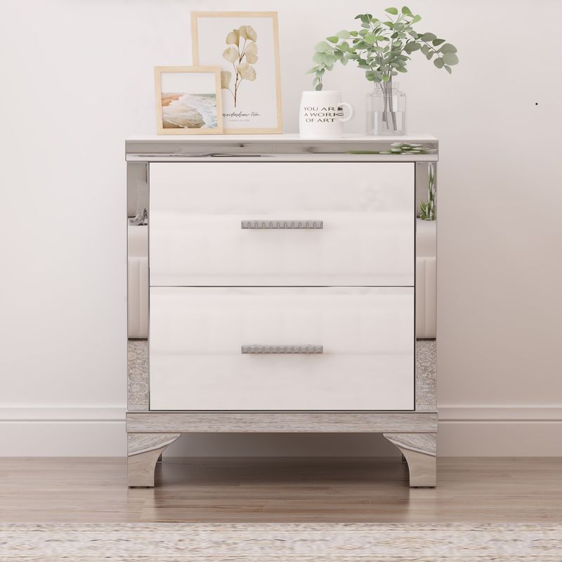 Elegant High Gloss Nightstand With Metal Handle,Mirrored Bedside Table With 2 Drawers For Bedroom,Living Room_voghion.com