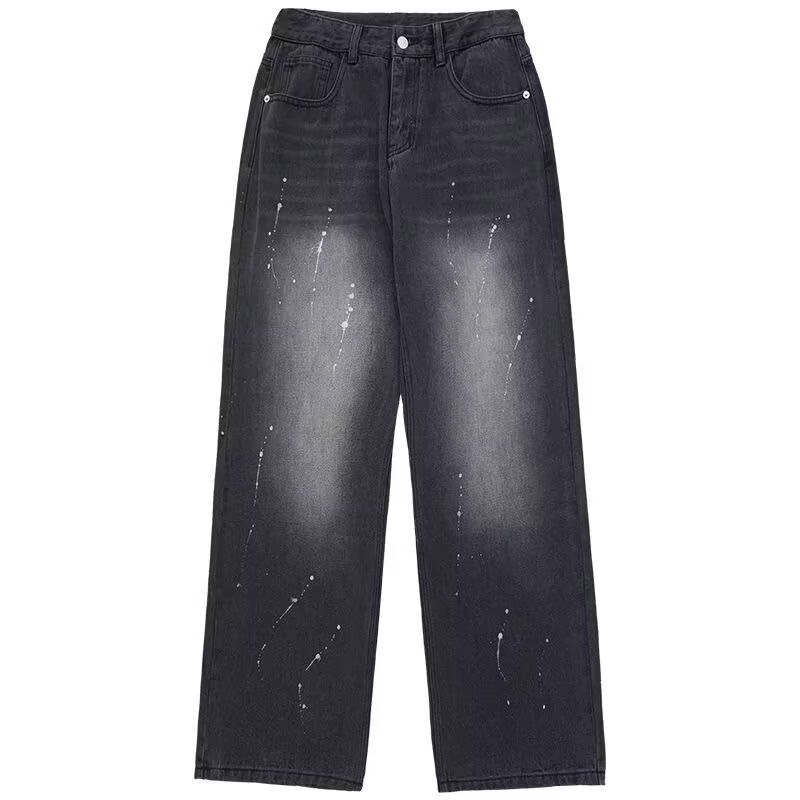 Men's Clothing retro black jeans men's trendy brand ink splashed loose wide leg trousers high street vibe straight pants for boys_voghion.com