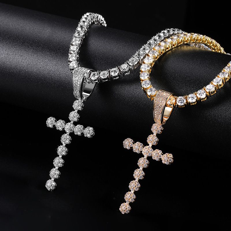 Collana con catena Hip Hop, ciondolo a croce con zirconi cubici di grandi dimensioni da donna, in oro e oro bianco, misure da 16 a 24 pollici._voghion.com
