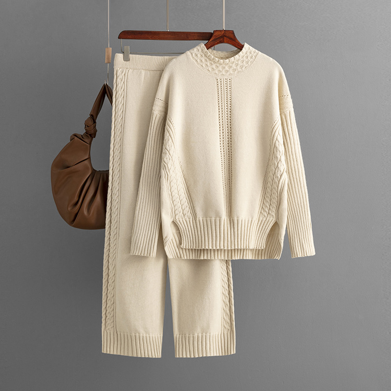 Women's fashion casual knit suit pants loose sweater wide leg trousers long pants two-piece set_voghion.com