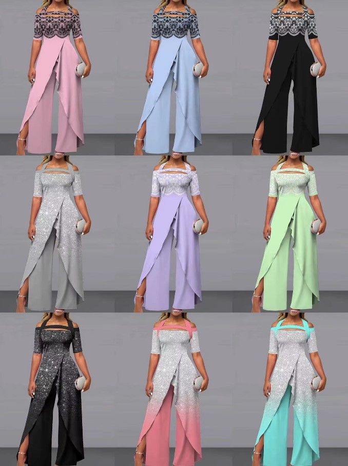 Combinaison sexy à col licou et épaules dénudées pour femmes, manches courtes, imprimée, décontractée, jambe large_voghion.com