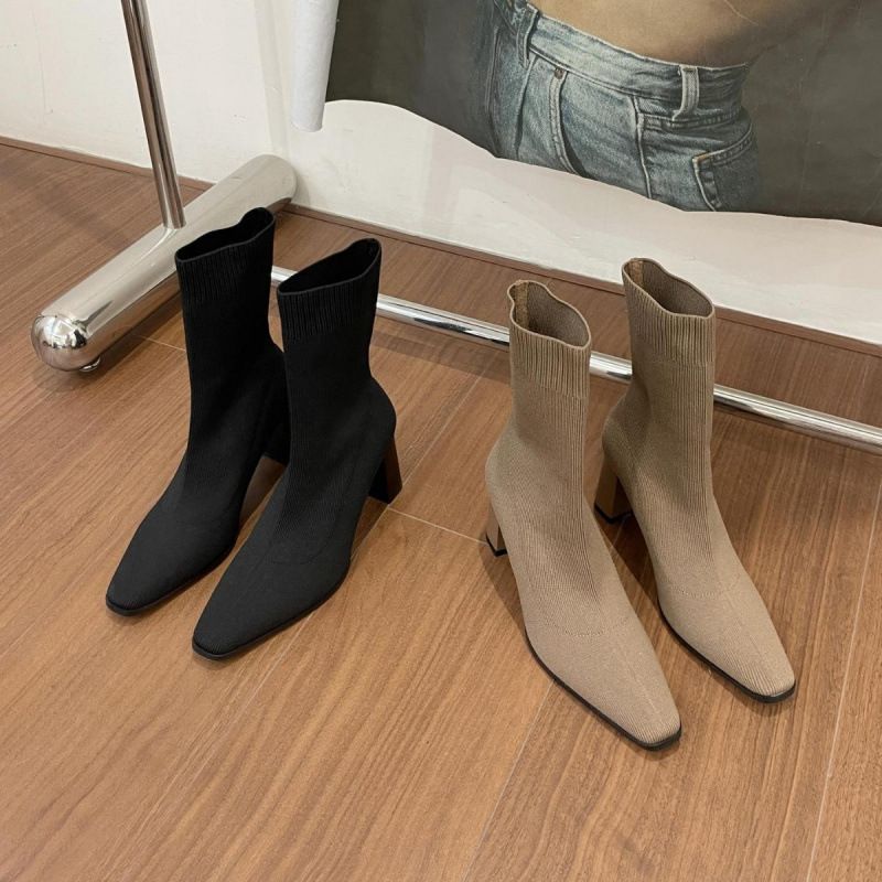 Hohe Kurze Für Frauen 2024 Herbst Winter Neue Dicken Absatz Umgekehrte Spitze Elegante Vielseitige Stretch Schlank Gestrickte Socken Stiefel_voghion.com