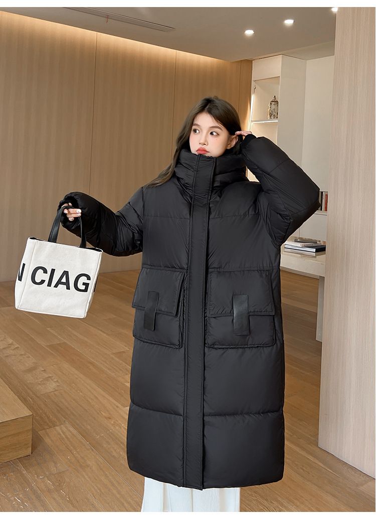 Damkläder Vinter Ny Förtjockad Lös lång över knäet Bomullsjacka för kvinnor Koreansk studenthuva bomullsjacka med stor ficka_voghion.com