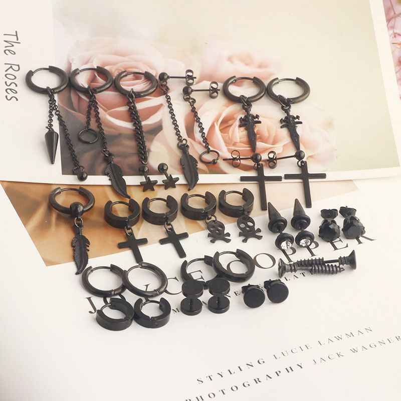 new zircon earrings stainless steel stud earrings cross dumbbell silver black mixed suit earrings_voghion.com