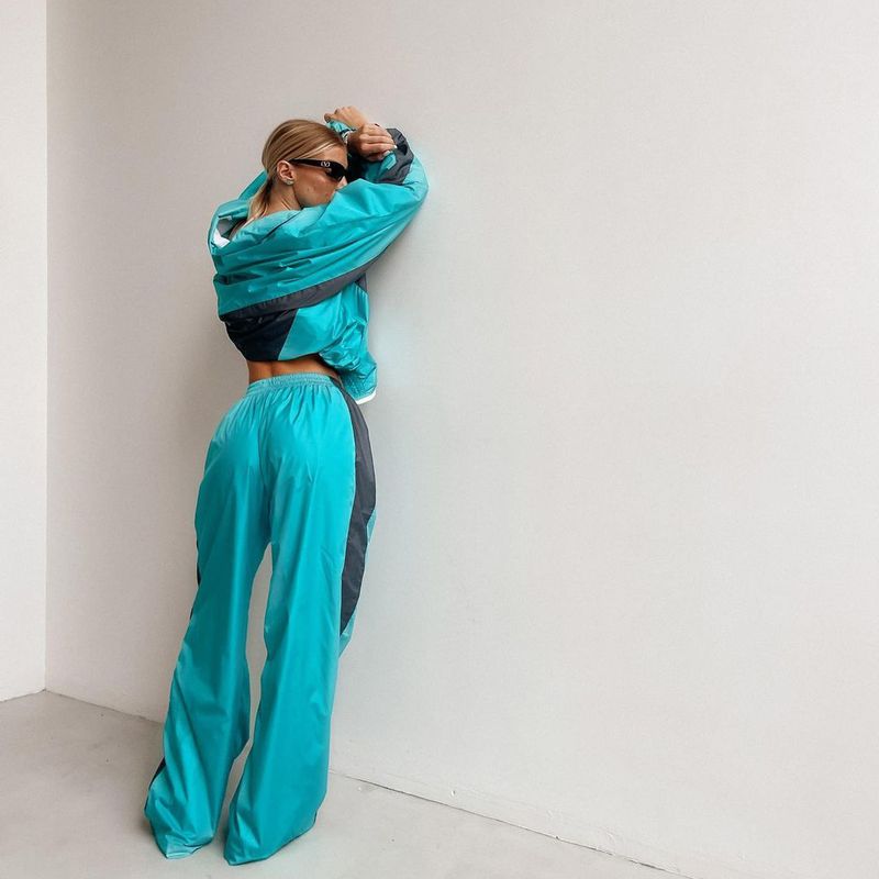 Women's Winter Sports Suit Zipper Color-Block Jacket Elastic Waist Floor-Length Pants Two-Piece Set Trendy Style_voghion.com