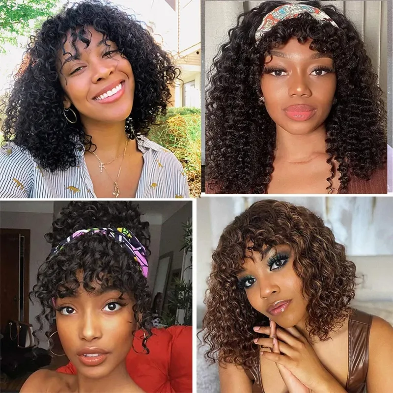 Brazilian Water Wave Blonde Colored Wigs Short Pixie Bob Cut Human Hair Wigs With Bangs Jerry Curly For Women_voghion.com