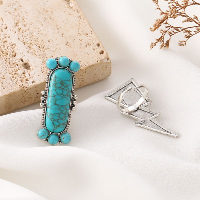 Bohemian style turquoise lightning shaped 2-piece set ring_voghion.com