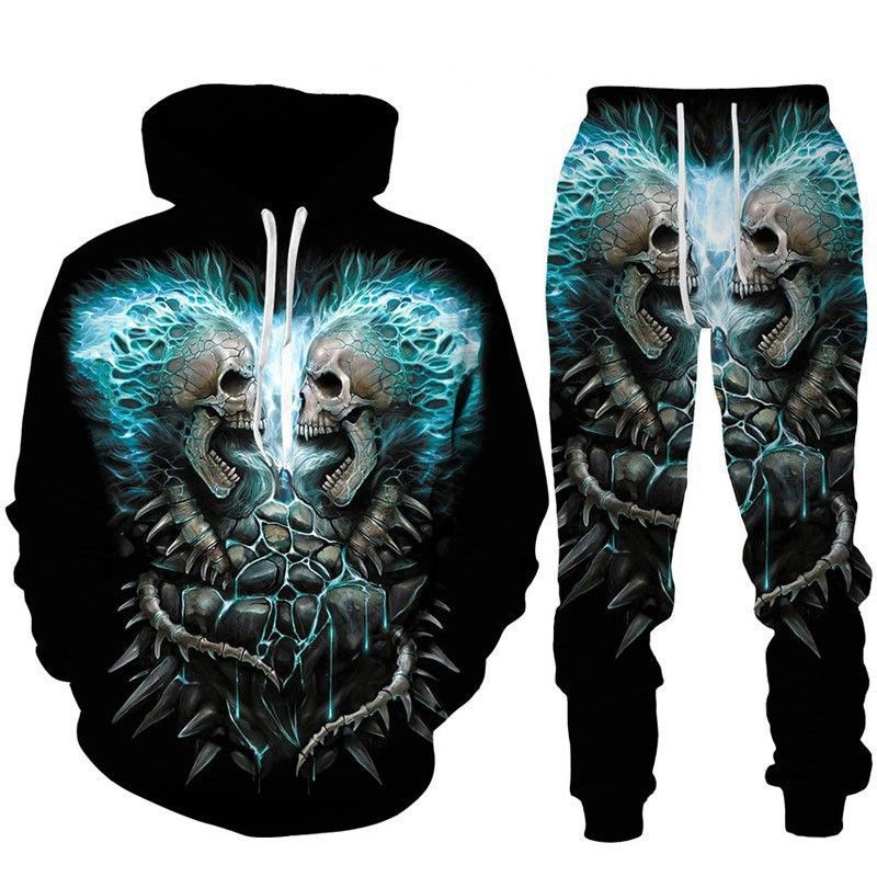 Nuovo set casual da uomo con felpa con cappuccio e pantaloni con stampa 3D digitale del teschio, felpa con cappuccio e pantaloni, set due pezzi per Halloween_voghion.com