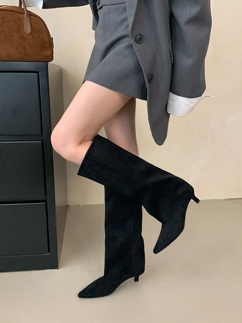 low Heel Pointed High Boots Comfortable And Varied Solid Color Wide Boots Fashionable Wear Comfortable_voghion.com