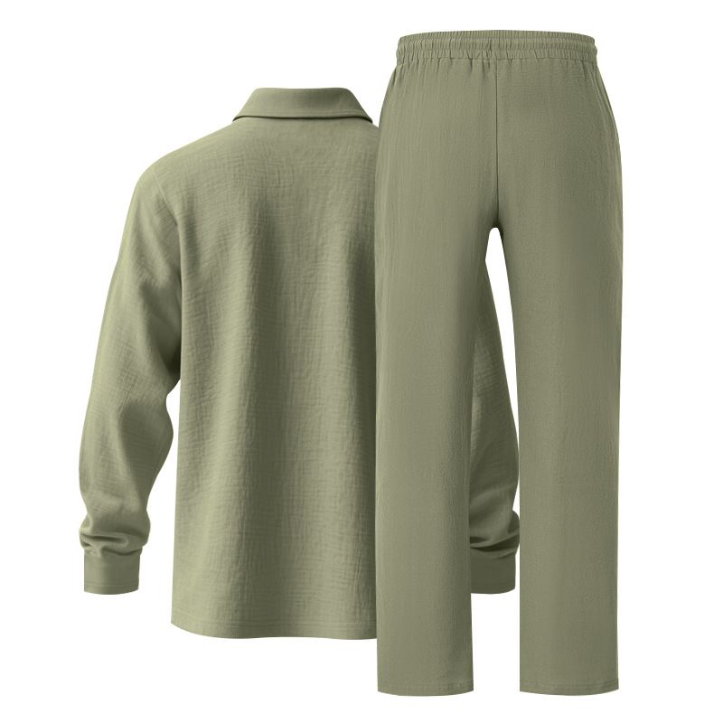 Set da due pezzi da uomo in lino, casual, semplice, largo, con polo e maniche lunghe, modello 2025, primavera e autunno_voghion.com