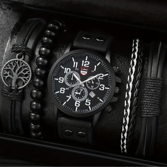 Orologio al quarzo da uomo Three Eyes Business Fashion Trend con cinturino e bracciale, set da 5 pezzi_voghion.com