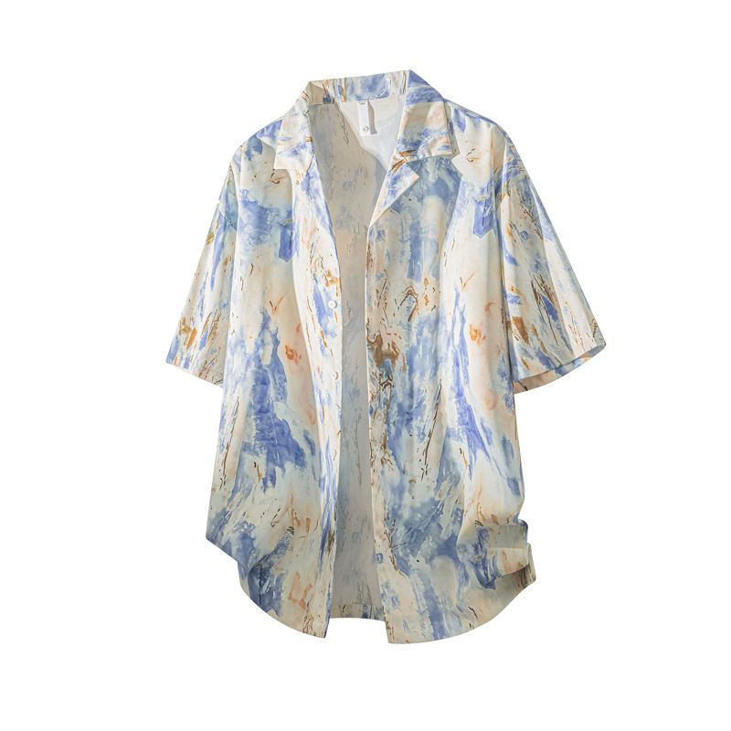 CT Ice Silk Short Sleeve Cuban Collar Shirt For Men 2025 Summer New Hawaiian Style Trendy Printed Loose Jacket_voghion.com