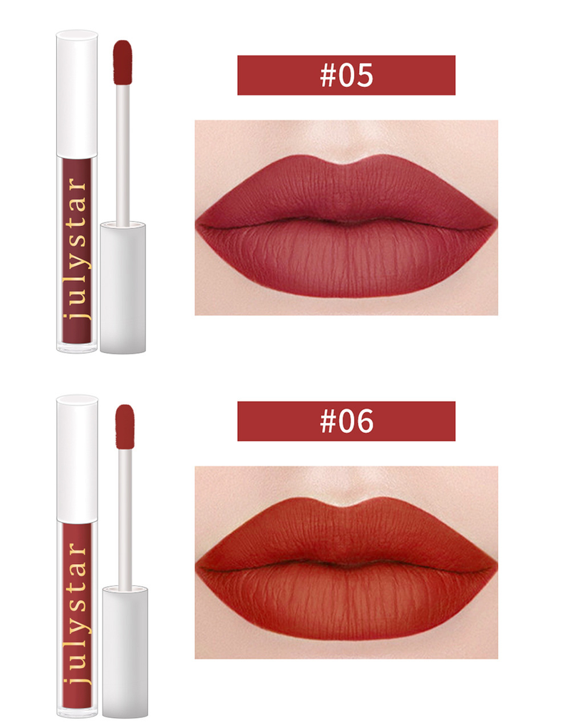 Julystar is niet gemakkelijk te vervagen of te plakken, de cup is vochtinbrengende, matte en lichtgewicht lipglossmake-up_voghion.com