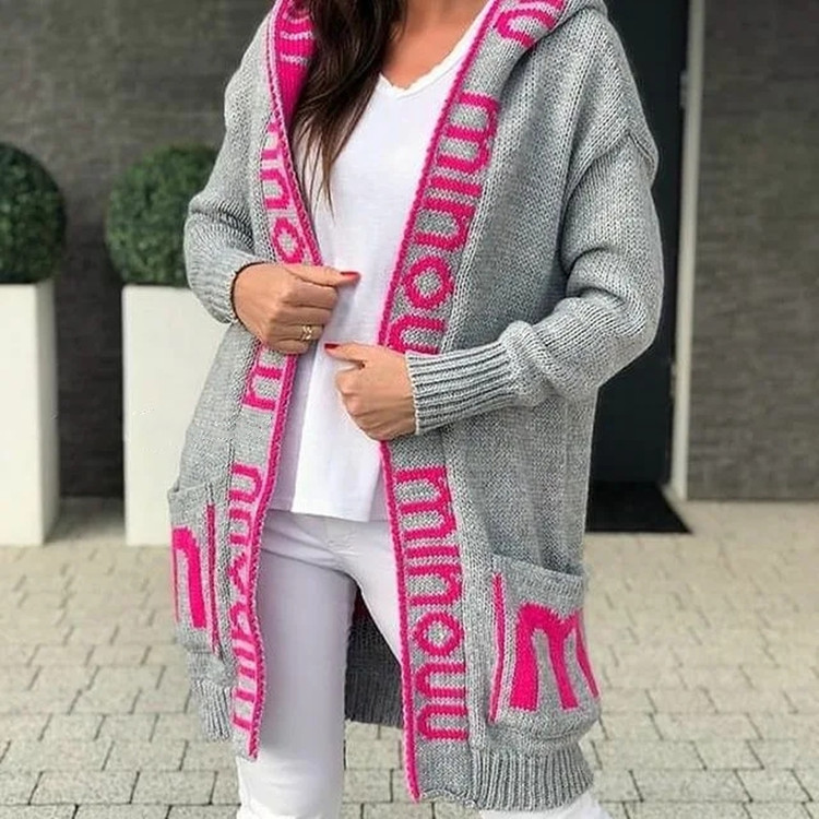 Women's Clothing Hooded Letter Sweater Sweater Knitted Jacket_voghion.com