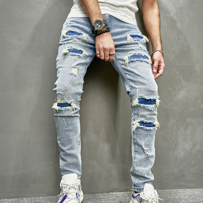 Meeste High Street Trendikas kaubamärk Ripped Slim Fit Väikese jalaga elastsed teksad Meeste Slim Fit_voghion.com