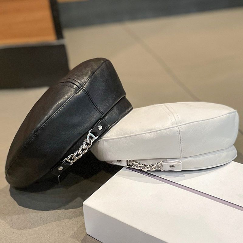 Hot Rea Kvinnor 2024 Vinter Pu Läder Kedja Barette Målare Basker Kepsar för Dam Flickor Hattar Trendig Hatt Elegant Basker_voghion.com