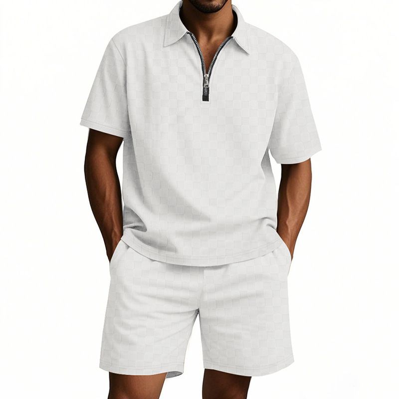 Herren Schweres, lockeres, lässiges, einfaches Poloshirt mit Schachbrettmuster und Reißverschluss, kurzärmelig, Shorts-Set_voghion.com