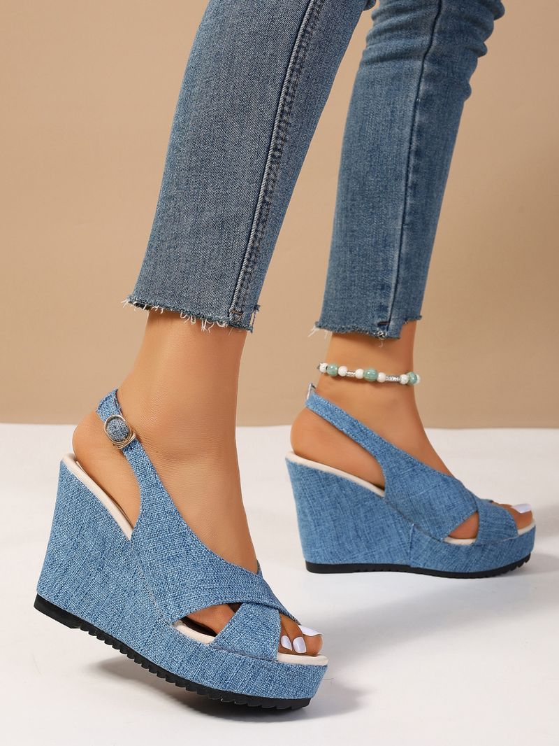Platåsandaler med kilklack Dam Plusstorlekar Denim Flip-flops med korsremmar_voghion.com