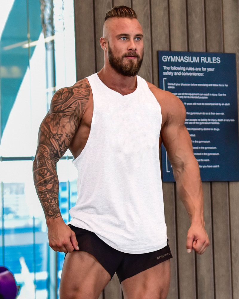 Ärmelloses Rundhals-Fitness-Unterhemd aus Baumwolle im europäischen Stil mit großem Schlitz_voghion.com