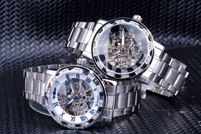 Orologio meccanico scheletrato da uomo alla moda con dettagli in diamanti - Cassa e cinturino in acciaio inossidabile - Resistente all'acqua - Stile casual da lavoro_voghion.com
