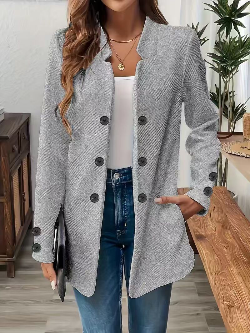 Fall/Winter Women's Elegant Blazer – Oversized Three-Button Long Sleeve Jacket With Stand Collar (Black/White/Gray, S-XXL)_voghion.com