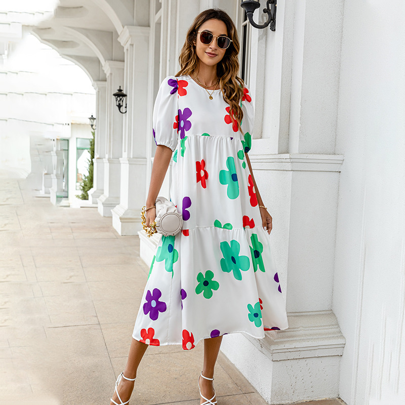 Abito casual da spiaggia con maniche corte, a pois gialli, a balze larghe e stampate, da donna, estate 2025_voghion.com