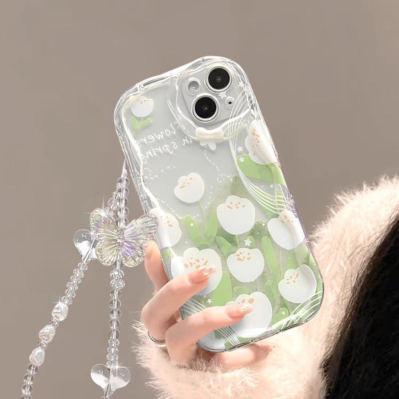 3D-aaltokuvioinen suojakuori Samsung S24 S23 S22 S21 Plus Ultra S20 FE A05S A05 A04 A03 A55 A54 A35 M54 M34 M14 M15 Esteettinen valkoinen tulppaani- ja perhoskuvioinen suojakuori_voghion.com