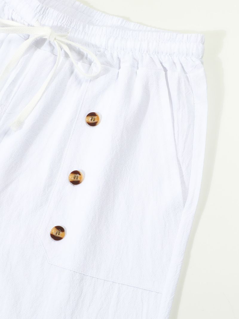 Pantaloncini estivi da uomo in cotone e lino, casual americani, larghi e dritti, con bottoni_voghion.com