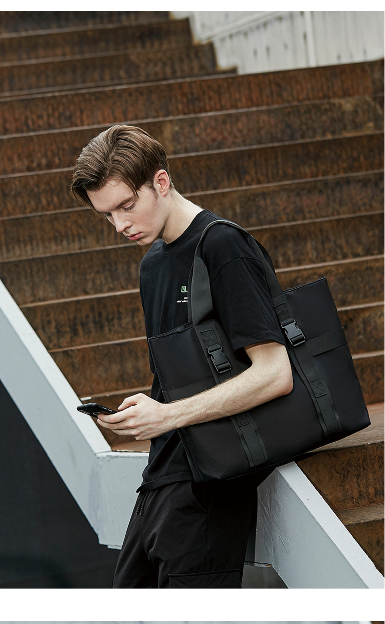 Men's Handbag, Large Capacity Single Shoulder Trendy Tote Solid Color Waterproof Travel Bag, Student Makeup Bag_voghion.com