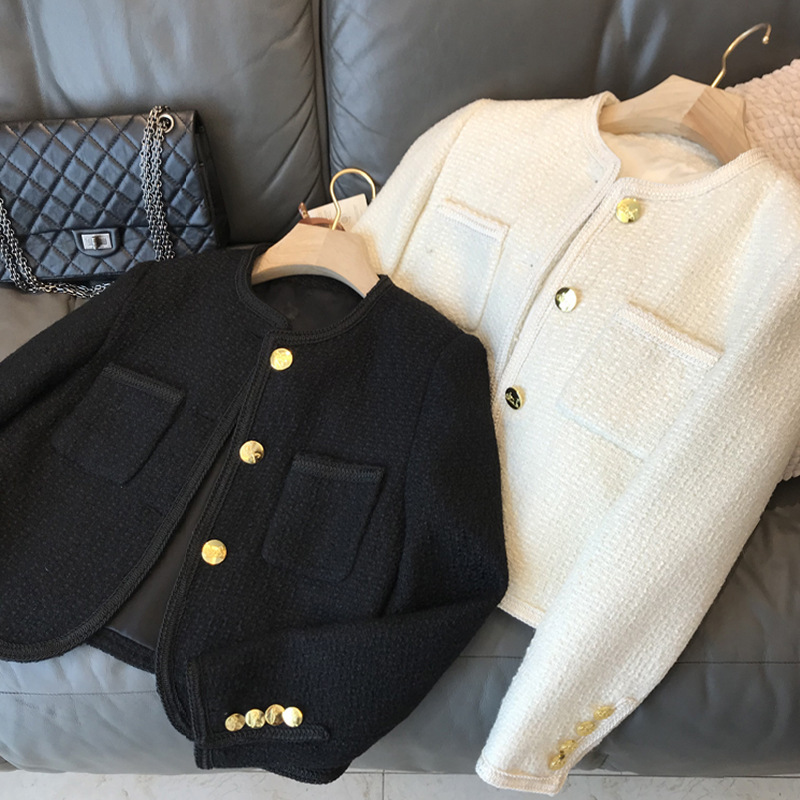 Dameneleganz bis ins Mark, langärmliges Tweed-Oberteil im französischen Stil mit goldenen Knöpfen, Kurzmantel_voghion.com