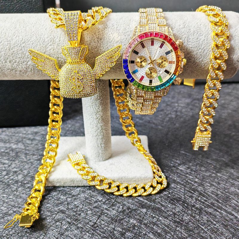 Conjunto completo de relógios de ouro hip hop com corrente cubana e diamantes, pulseira e colar com cristal líquido_voghion.com