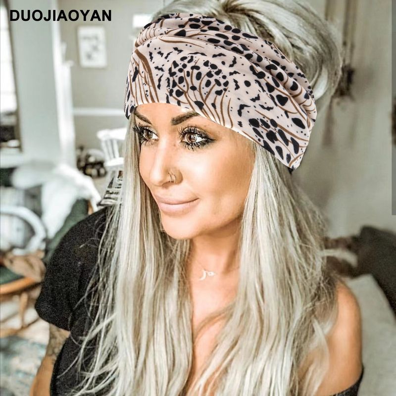 New Leopard Print Digital Printed Sports Headband with European and American Knotted Cross Wide Edge Elastic Headband for Women_voghion.com