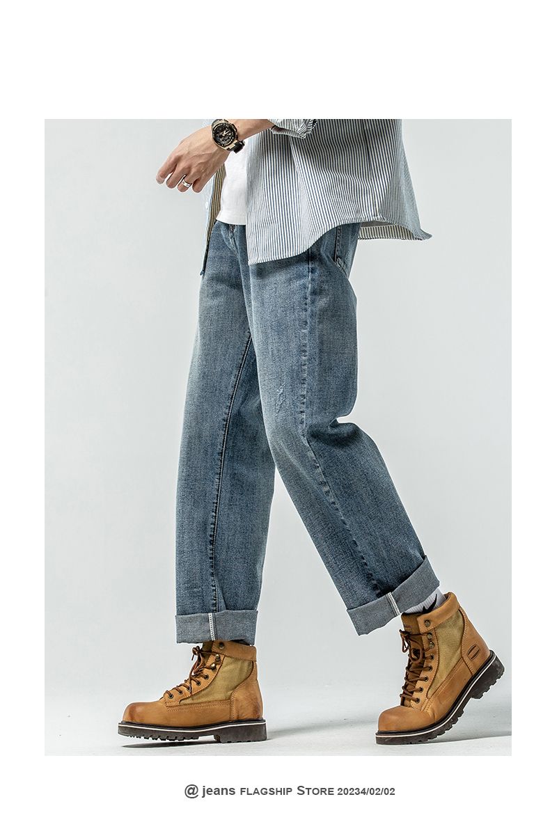 Jeans Men's Loose Harlan Straight Drape Rear Bag Embroidery Simple Double Process Washing_voghion.com