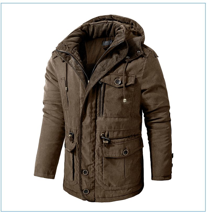 Men's Plus Size Shearling Hooded Cotton Jacket Thickened Multi-Pocket Cotton Top Casual Mid-Length Coat_voghion.com