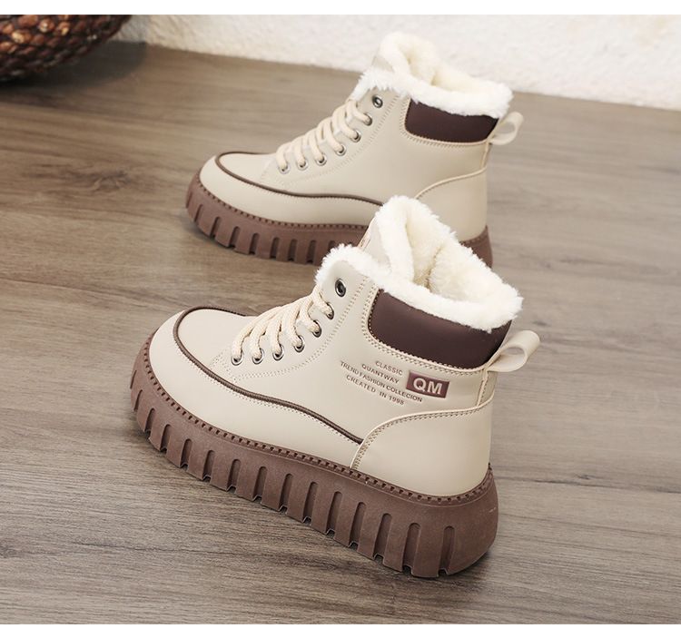 KT2816 Nuevos zapatos de invierno 2024 de caña alta para mujer, zapatos de algodón con suela gruesa, zapatos de plataforma de terciopelo sencillos para estudiantes que mejoran la altura_voghion.com