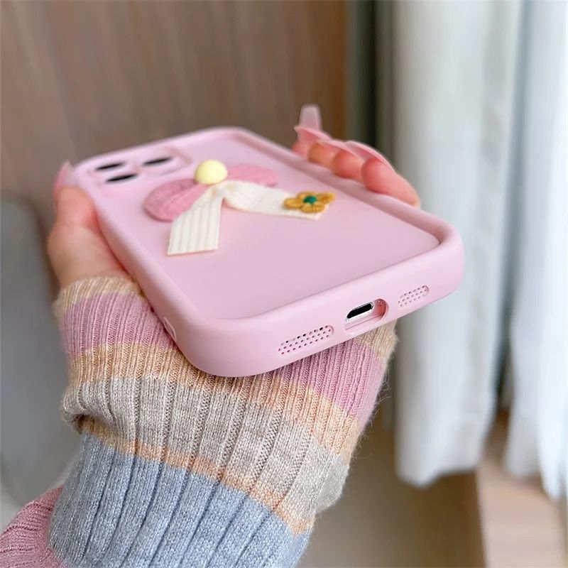 Custodia per telefono in tessuto 3D con fiocco rosa e fiori per iPhone 15, 16, 11, 12, 13, 14 Pro Max, 16E, XS X XR, 7, 8 Plus, SE 2020, in silicone morbido_voghion.com